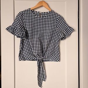 Blue & White Gingham Tie-Front Top | Ruffle Sleeves | Cottagecore Summer Blouse
